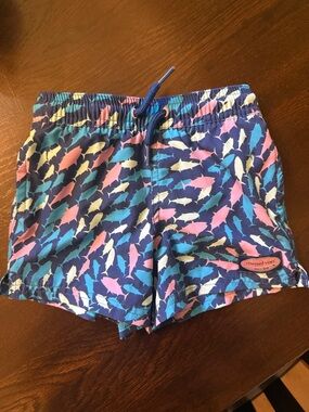 Vineyard Vines Navy Swim Shorts with Multicolor Shark Print